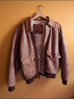 Men's Light Brown Leather Bomber Jacket with Map-Print Lining